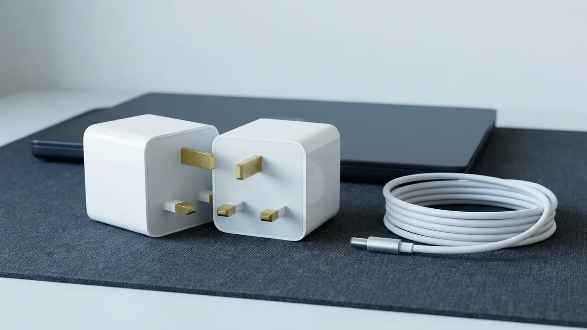 Two plain white power adapters stand side by side on a dark fabric bench mat, each with a three-pin Singapore mains plug — one wide rectangular earth pin above two smaller pins — beside a neatly coiled white charging cable and a closed, unmarked laptop.
