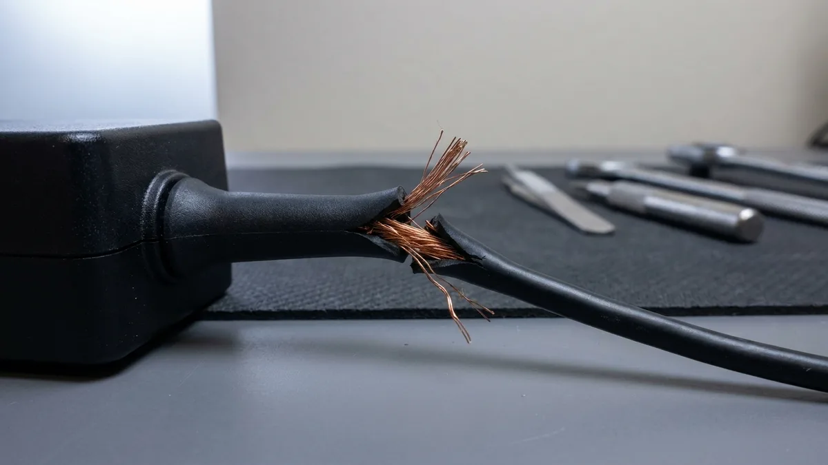 An extreme close-up where a laptop power cable leaves the adapter's strain relief: the black insulation has split open across a kink and fine copper strands are fanning out through the crack.