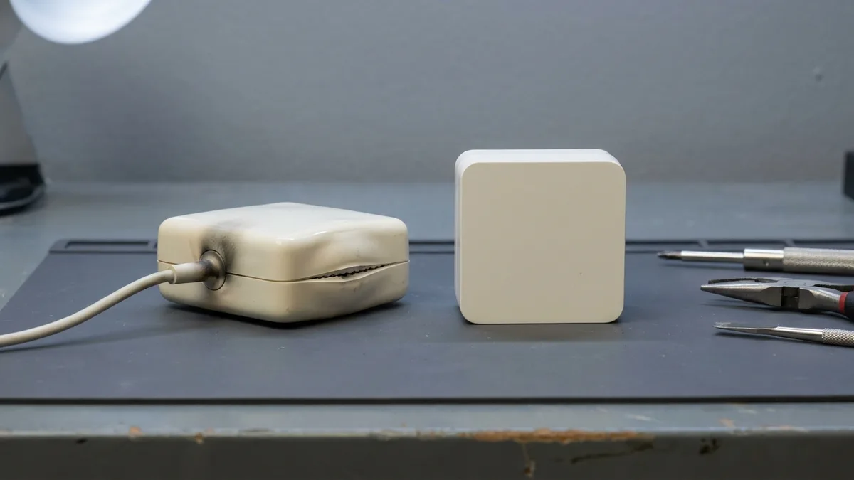 Two power adapters lie side by side for comparison: the left one is heat-damaged, its shell yellowed and swollen along a split seam with sooty scorching around the cable exit; the right one is clean and undamaged.