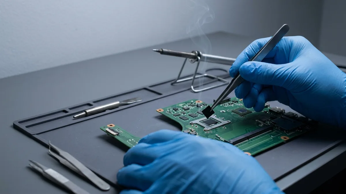 Gloved hands hold fine tweezers placing a tiny black chip onto a laptop motherboard, its pad freshly tinned, with a soldering iron resting on a stand alongside and a wisp of flux vapour rising.