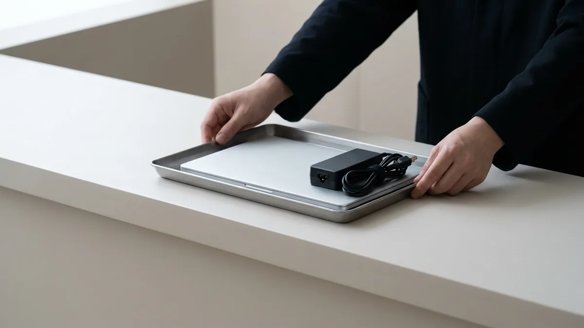 Two hands slide a shallow plain tray across a clean service counter; a closed slim laptop and its coiled power adapter lie in the tray and nothing else.