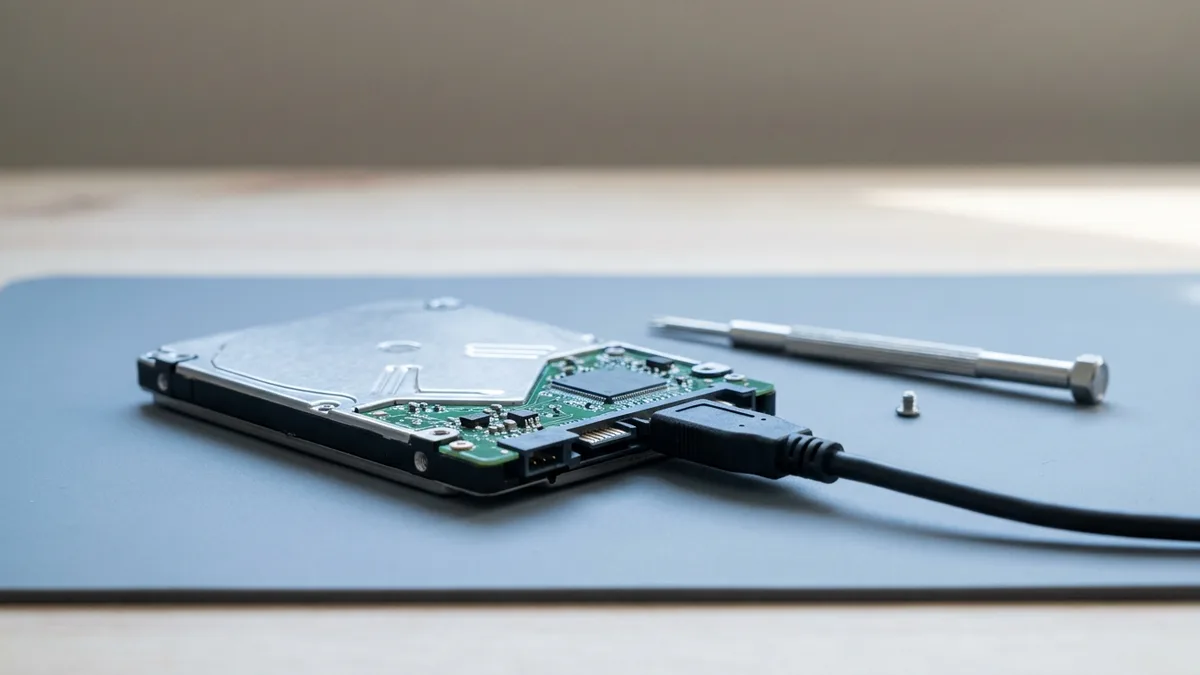 A bare 2.5-inch laptop hard drive on a blue anti-static mat with a USB-to-SATA adapter plugged into its connector, a small screwdriver and a single screw beside it