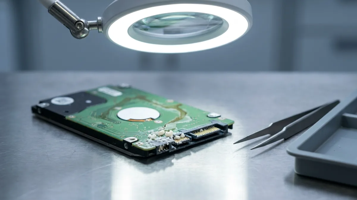The circuit board of a liquid-damaged laptop drive under a lab inspection lamp, showing brown tide marks and white corrosion around the connector pins