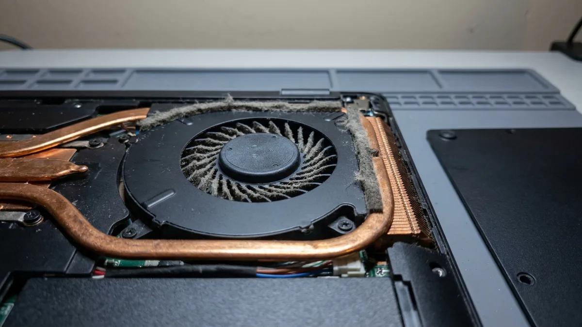 Habuk kelabu bergumpal memenuhi sirip heatsink kuprum dan bilah kipas laptop yang dibuka