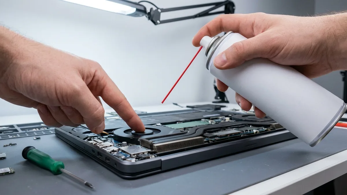 Muncung tin udara dipegang sejarak lebar tapak tangan dari kipas laptop, bilah ditahan hujung jari