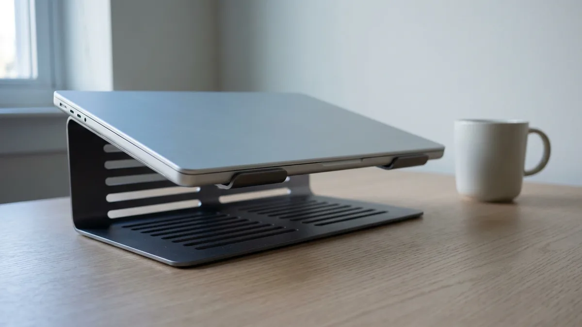Laptop tertutup diangkat di atas dirian berlubang, dengan ruang udara jelas di bawah mesin