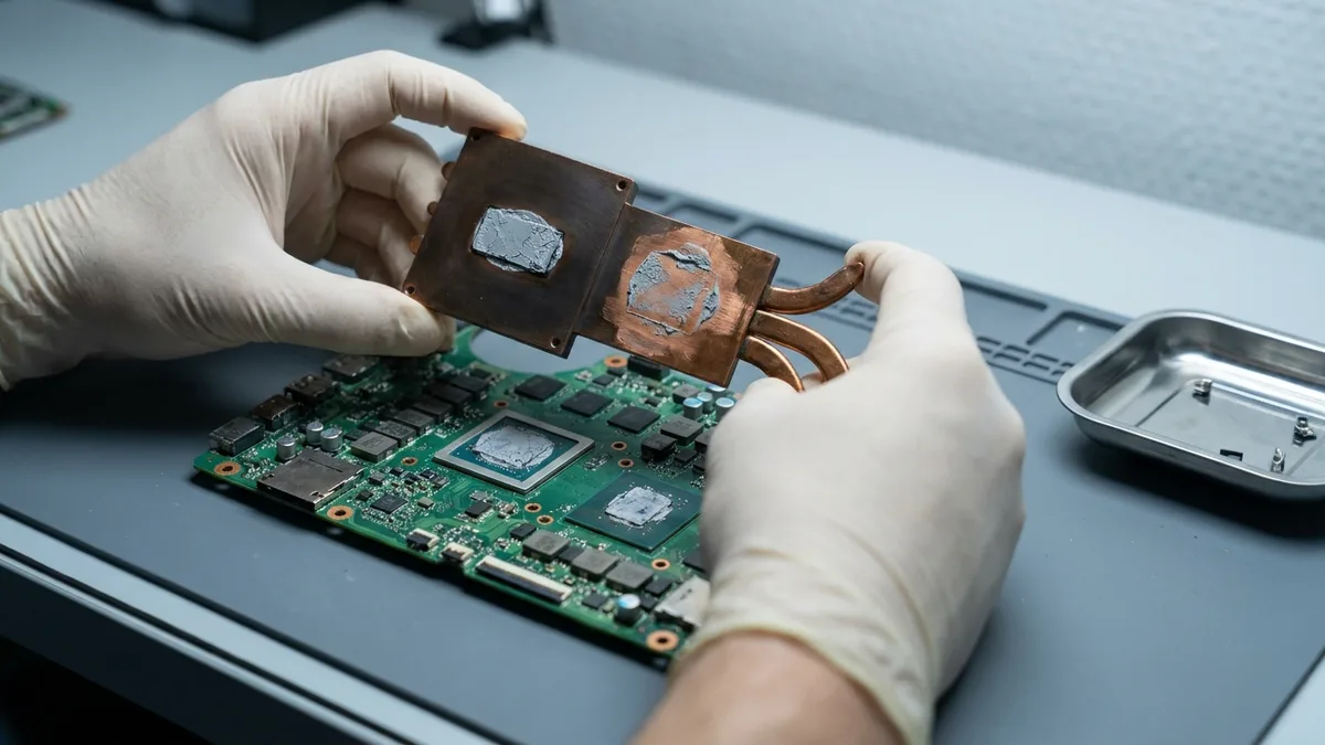 Heatsink kuprum diangkat dari papan laptop, menampakkan dua die terdedah dengan pes kering retak