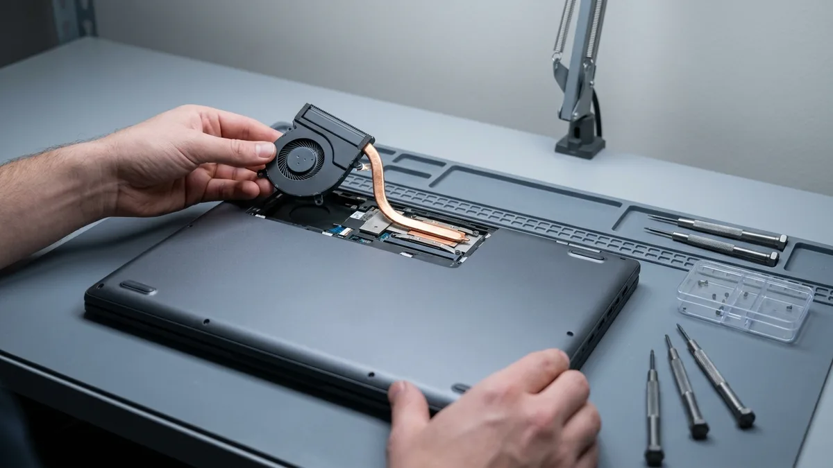 Tangan juruteknik mengangkat kipas dan paip haba kuprum dari laptop terbuka di atas tikar bengkel