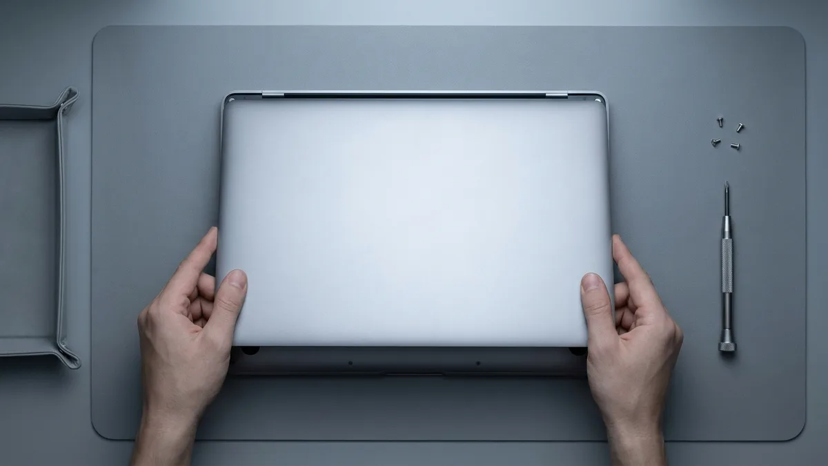 Tangan menurunkan panel bawah polos kembali ke laptop tertutup, empat skru menanti di atas tikar