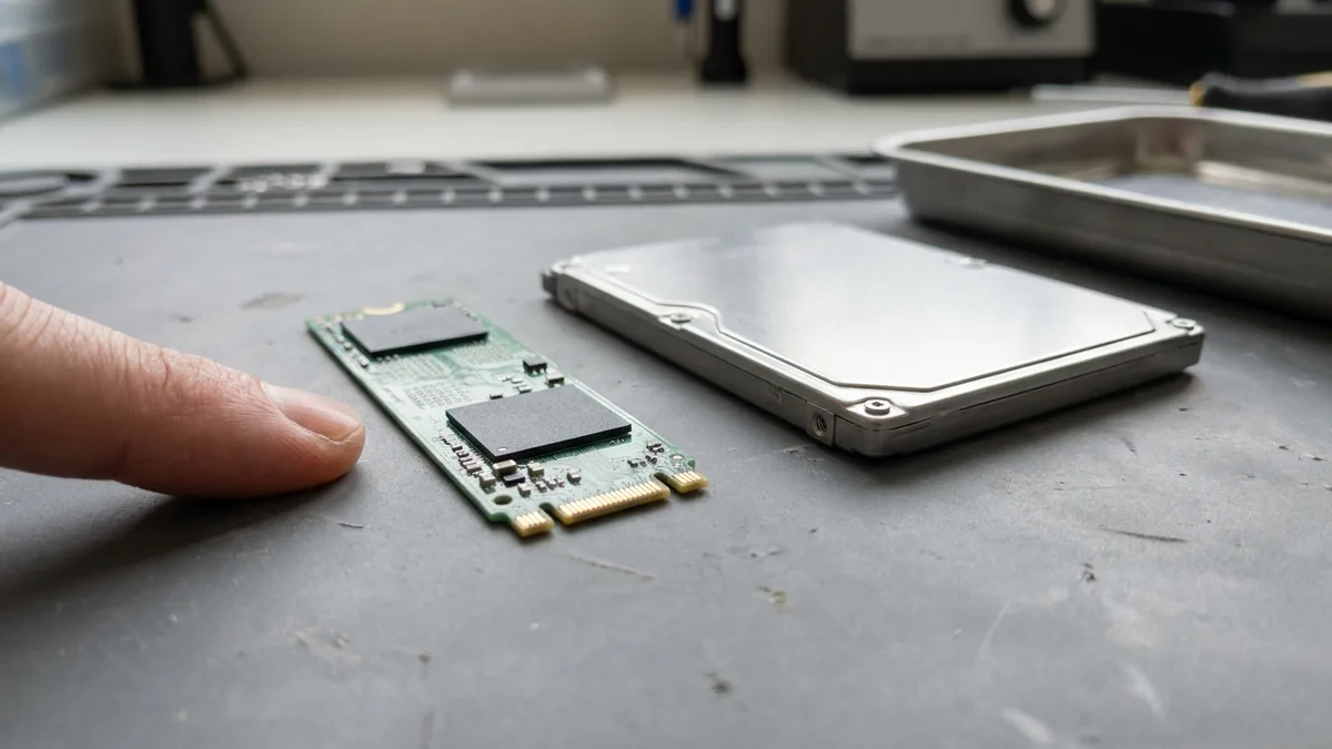 Two bare laptop drives lie side by side on a grey anti-static mat for comparison: a slim green M.2 NVMe stick barely longer than a finger with a row of gold contacts at one end, and a plain silver 2.5-inch drive several times its size.