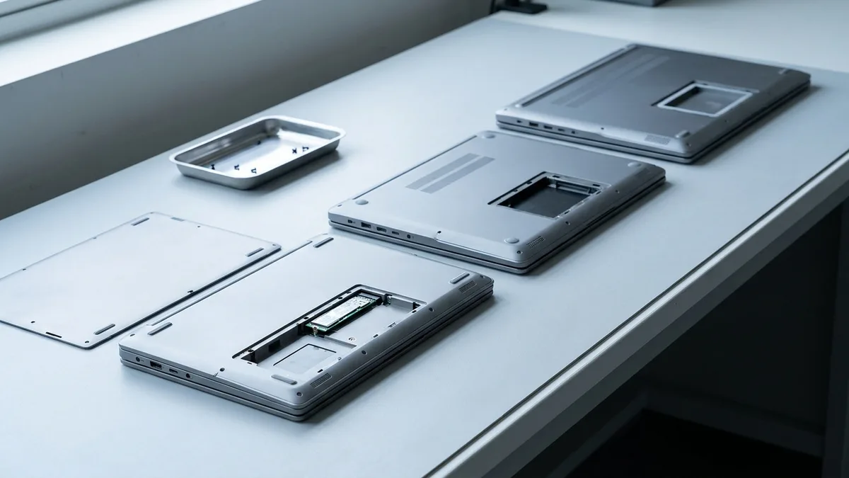 Three plain unbranded laptops of different sizes lie closed and upside down in a row: the two nearest have an access panel open in the base, the furthest still has its panel in place, and one removed cover lies on the desk beside them; the nearest open bay holds a slim green M.2 stick under a single retaining screw.
