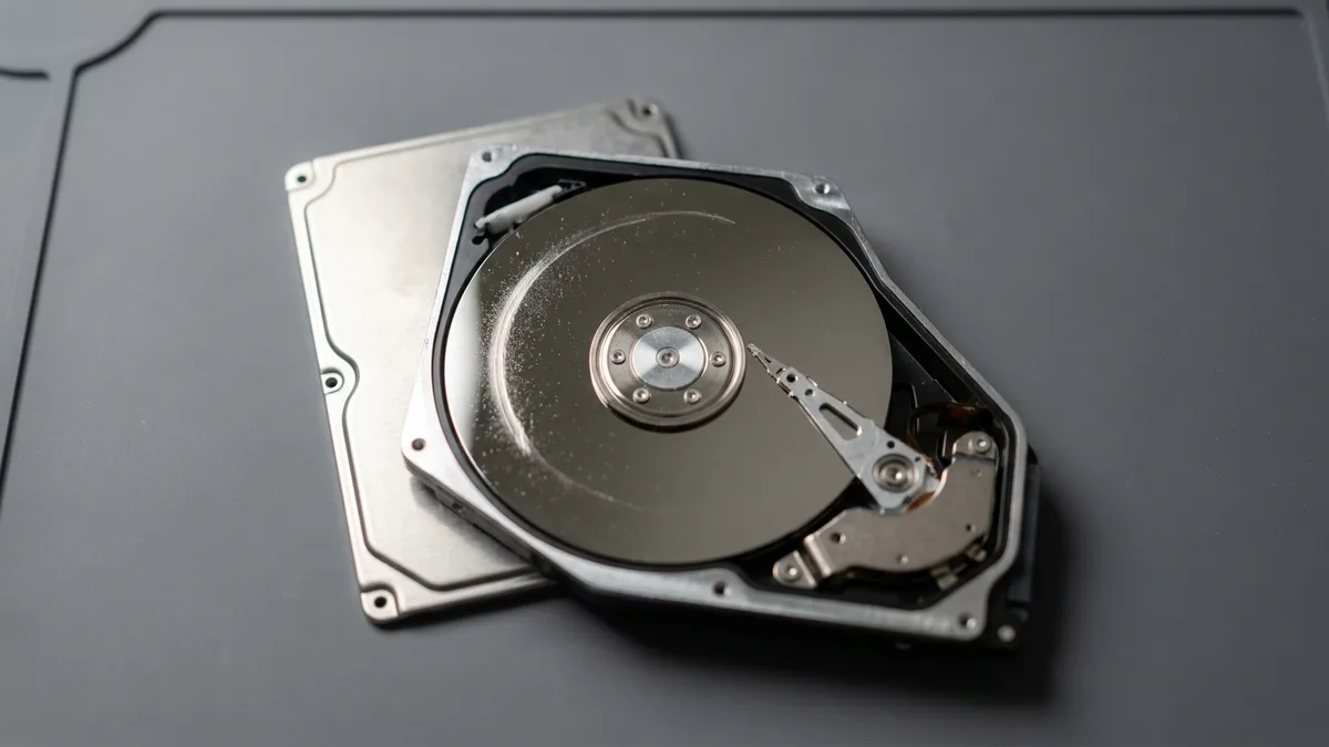 An opened mechanical hard drive with its metal cover set aside: the mirror platter carries a bright curved scratch arc with fine grey dust gathered along it, and the actuator arm is swung in across the platter rather than parked aside.