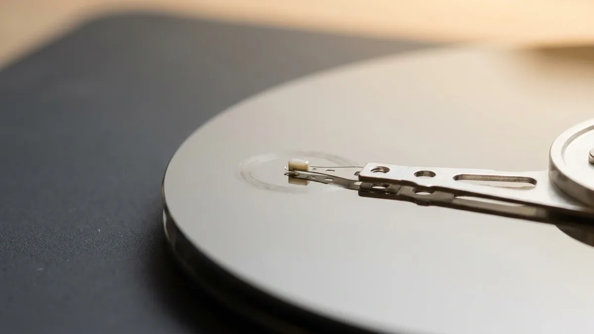 A close-up of an opened hard drive's read head resting flat on the platter instead of parked aside: the tiny pale slider at the arm's tip touches the mirror surface, meeting its own reflection, with a faint scuffed halo beneath it.