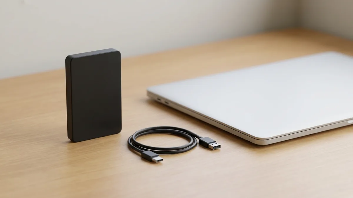 A small matte-black external drive about the size of a deck of cards stands upright on a pale wooden desk beside a closed plain laptop, its short cable coiled flat on the desk with both ends free.