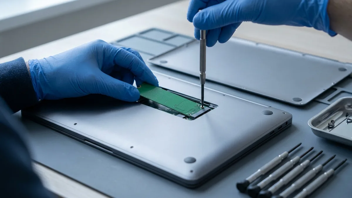 Gloved hands seat a slim green M.2 NVMe stick into the open drive slot of an upside-down plain laptop, one hand angling it into the connector while the other brings a precision screwdriver to the single retaining screw.