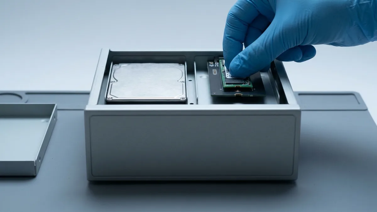 A plain unbranded drive duplicator stands open on a bench with a silver 2.5-inch drive in its left bay and a slim green M.2 stick in an adapter in its right bay, a gloved hand pressing the second one flush into its slot.