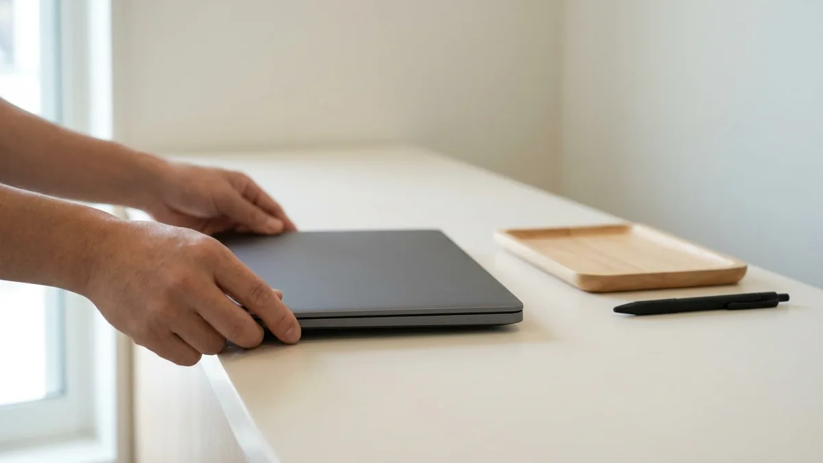 Two hands set a closed plain unbranded laptop down flat on a clean pale service counter, beside a small empty wooden tray and a plain pen.