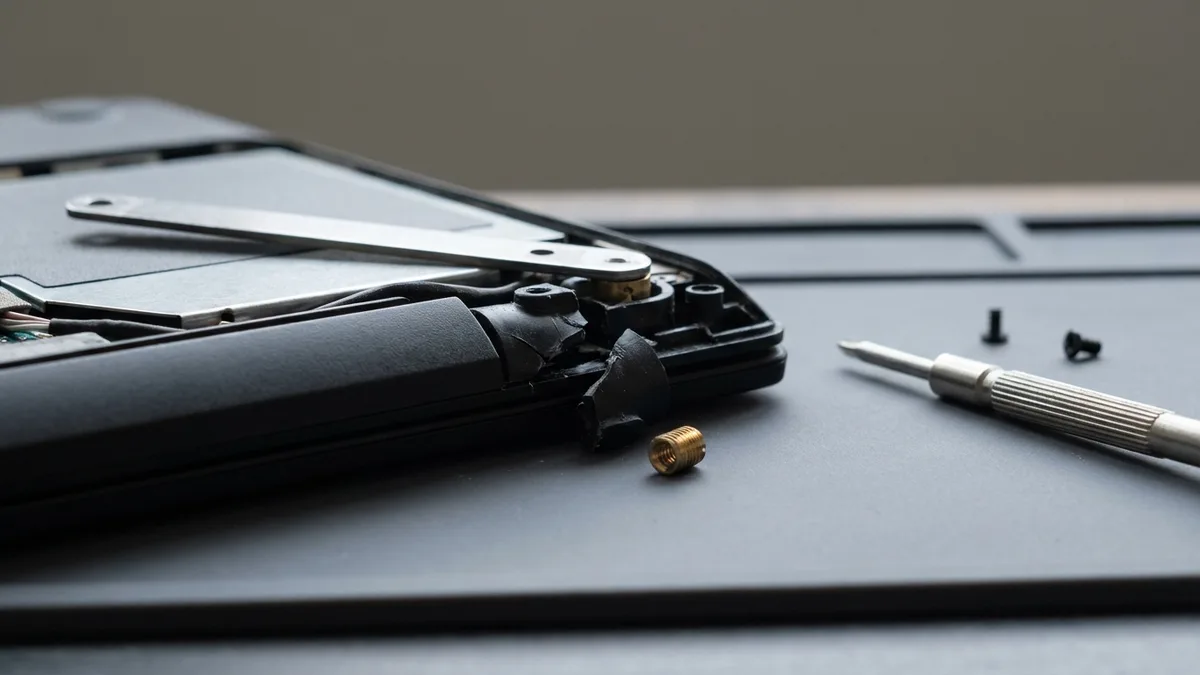 The inside corner of a laptop lid on a bench, the metal hinge unscrewed and lifted clear, the black plastic mounting boss it screwed into split apart and the small brass threaded insert lying loose beside it.