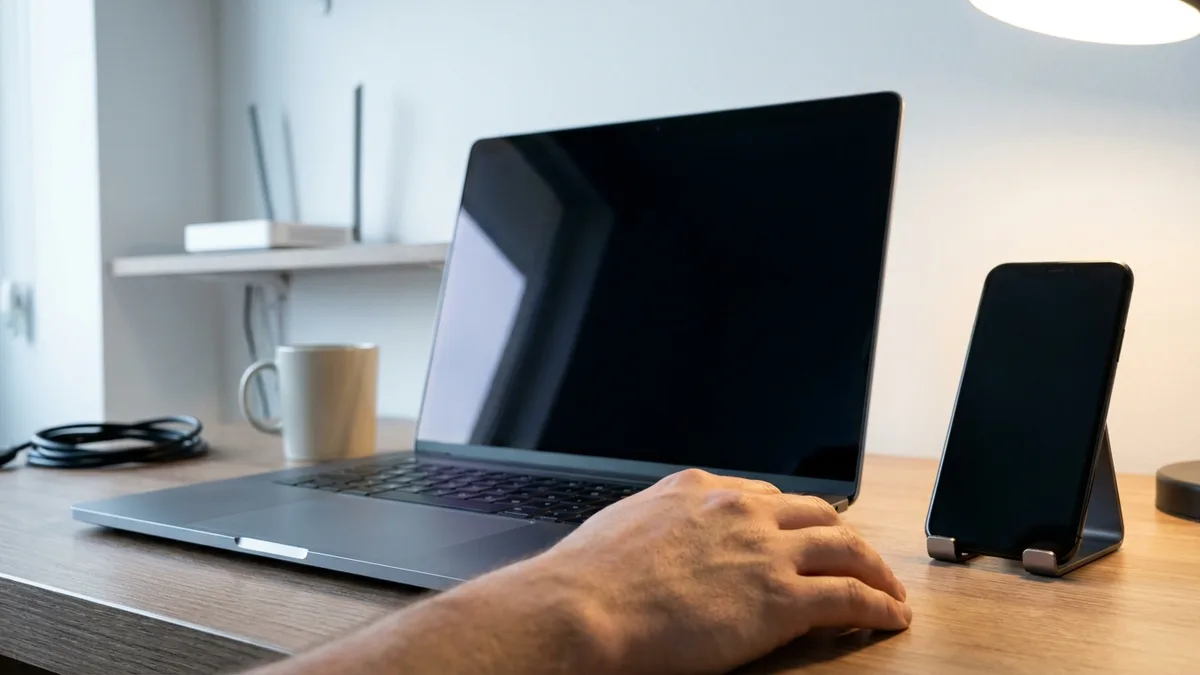 An open laptop faces the viewer across a light wooden desk with its screen dark and switched off, a smartphone standing upright on a small stand beside it with its screen dark too, and a hand resting on the desk in front of the keyboard; a plain white router with two upright antennas sits on a shelf in the soft background beside a mug and a coiled cable