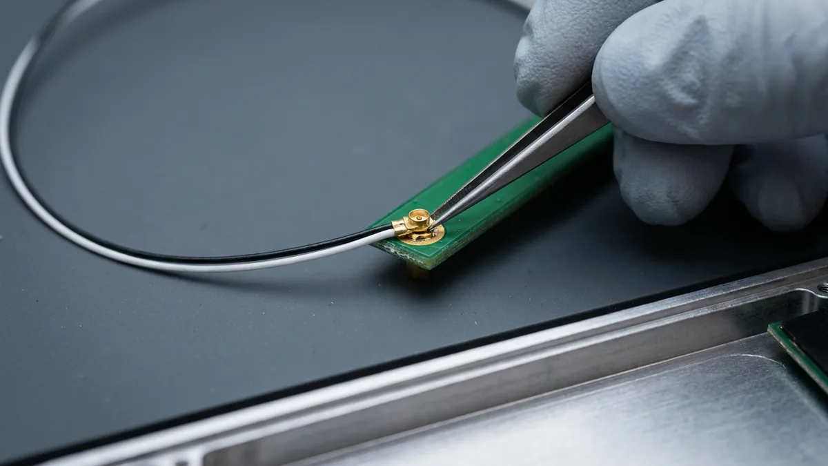A gloved hand uses fine-tipped tweezers to press a small gold circular antenna connector down onto the corner of a bare green circuit board, with one black and one white hair-thin coaxial wire curving away across a dark grey bench mat and the machined metal edge of an opened chassis along the bottom of the frame