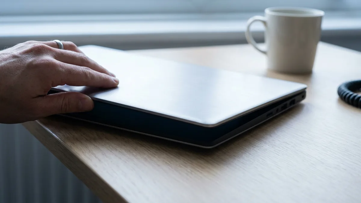 A hand presses a laptop's lid closed on a pale oak desk, the lid plain and completely unmarked and the screen hidden edge-on inside it, with a cream mug and a coiled dark cable soft in the background beside a bright window