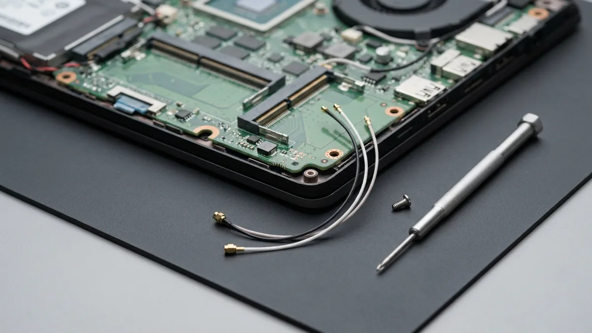 The opened underside of a laptop showing an empty wireless card slot with its retaining screw removed, the loose internal antenna wires curled on the dark bench mat beside it with their tiny gold connector tips exposed, and a plain silver precision screwdriver lying alongside
