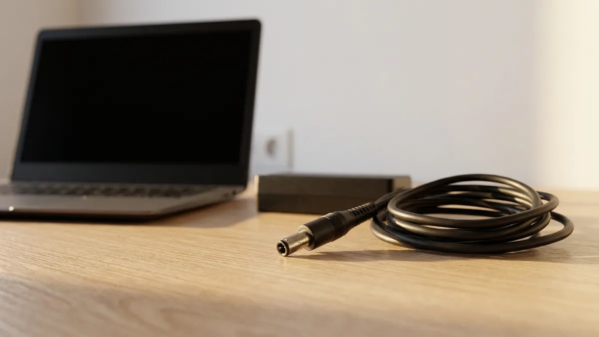 A disconnected black laptop charger lies on a light wooden desk with its barrel plug tip in sharp focus and its cable loosely coiled behind, the plain charger brick further back and the laptop it belongs to running on battery with a dark blank screen
