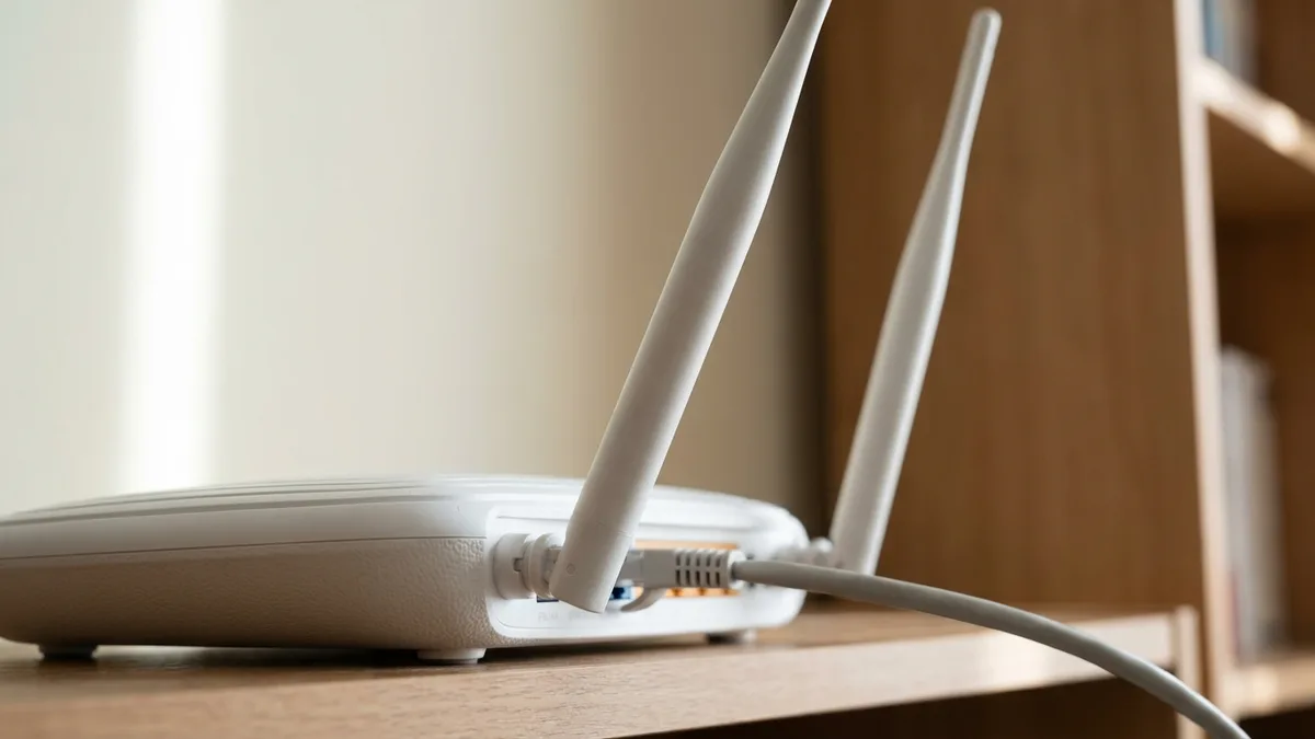 A plain white home router seen close and from slightly below on a wooden shelf, its two antennas standing upright and angled apart, with a pale network cable plugged into the sockets along its back