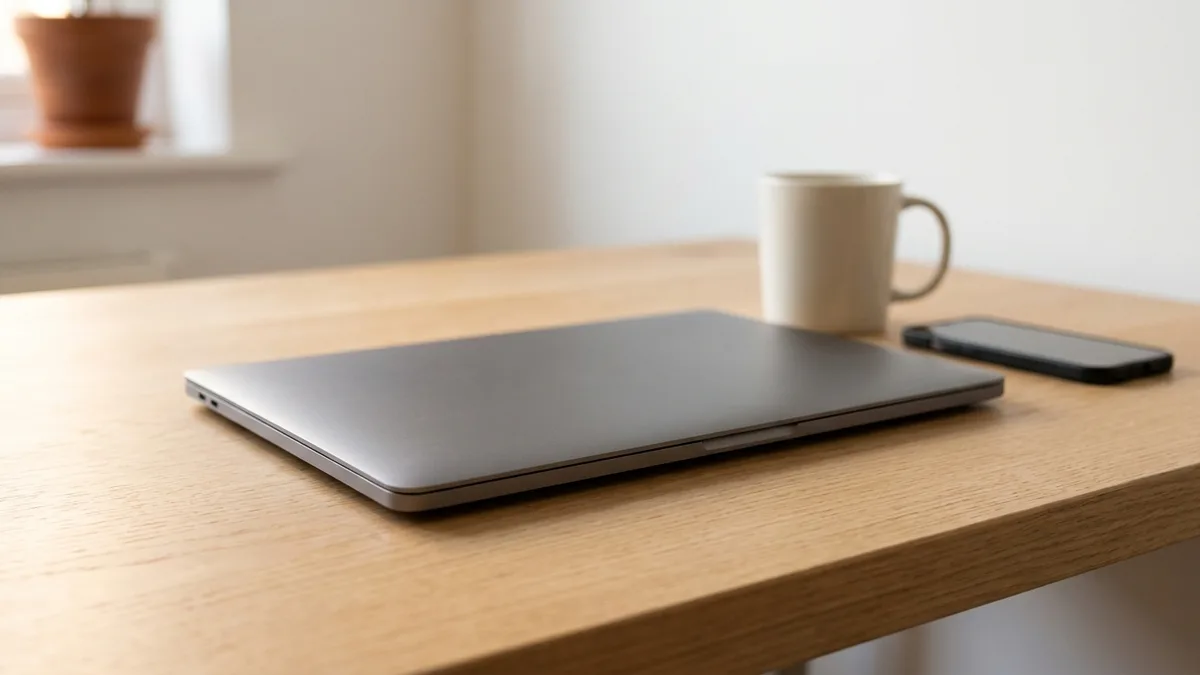 A closed plain silver laptop sits squared up on a tidy pale oak desk beside a cream mug and a phone lying face up with a dark blank screen, a terracotta plant pot soft in the background by the window