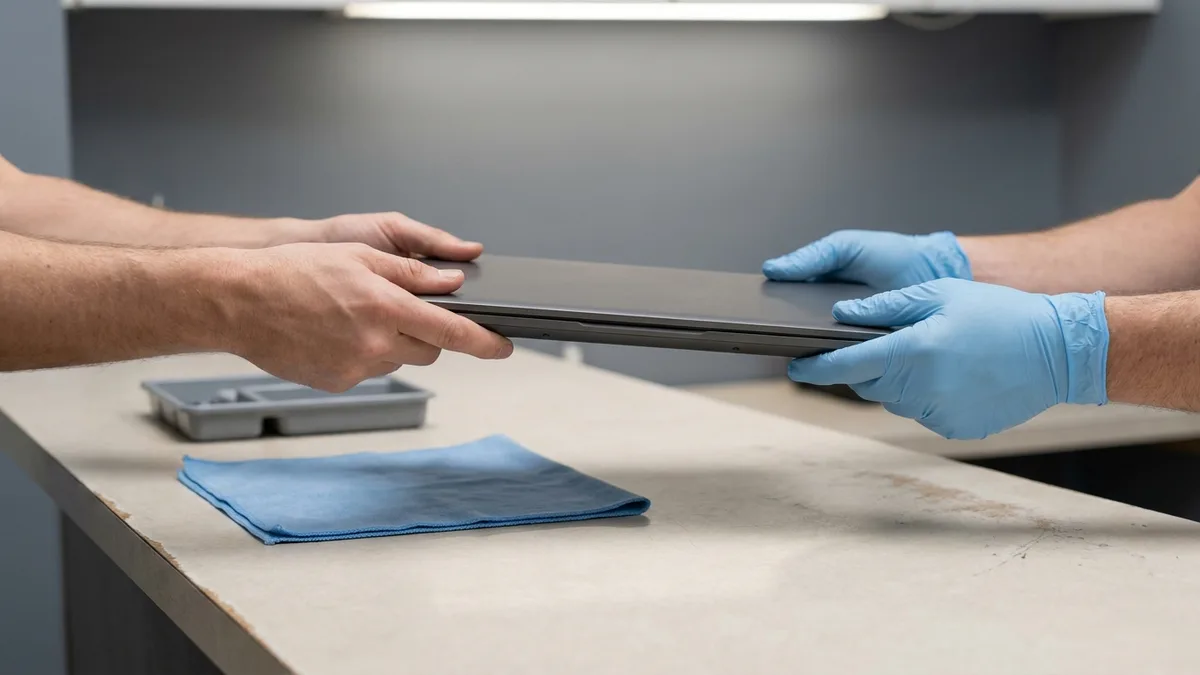 Two bare hands pass a closed dark laptop across a pale service counter into a technician's blue-gloved hands, the machine held level between them, with a grey parts tray and a folded blue cloth resting on the counter beside them