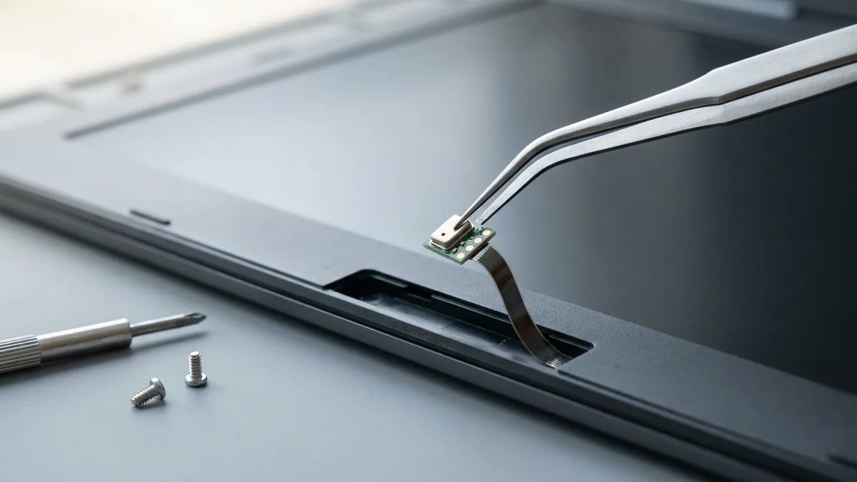 Fine tweezers lift a laptop's microphone module — a component a few millimetres across on a thin ribbon cable — clear of the recess in the display bezel it came out of, the ribbon still curving down into the empty channel.
