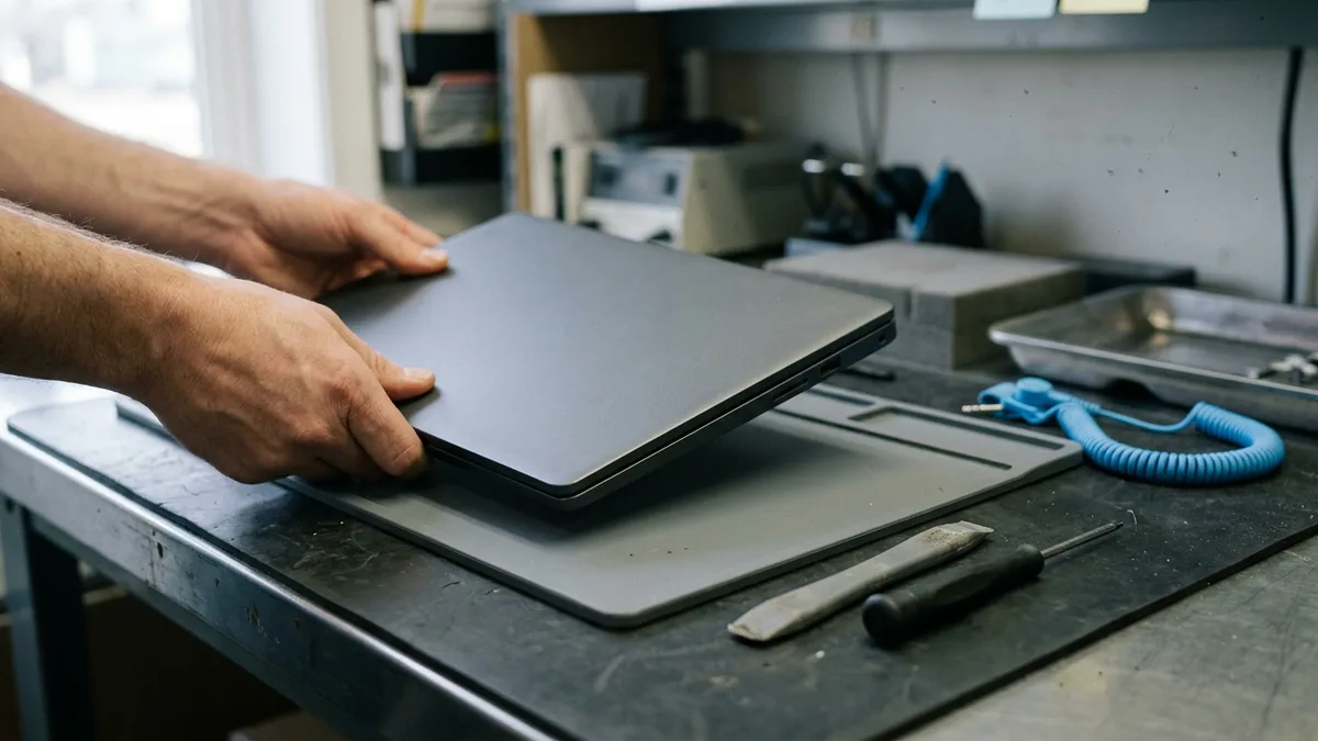 A pair of bare hands lowers a closed slim laptop, lid down and flat, onto a plain grey mat on a repair bench, with a coiled anti-static wrist strap, an empty steel parts tray, a plastic pry tool and a small screwdriver laid out beside it.