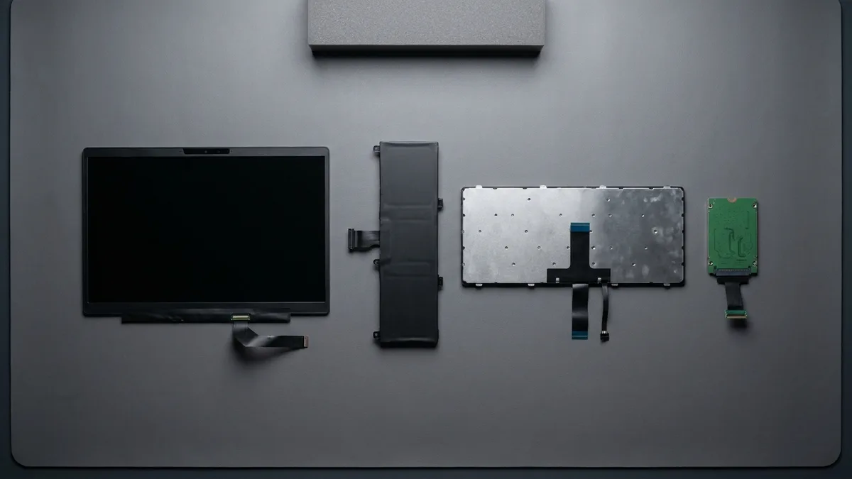 A flat overhead view of four laptop parts laid out in a row on a dark bench mat: a bare display panel lying dark and switched off, a flat black battery pack, a keyboard assembly seen from its plain metal underside with no keys showing, and a small solid-state drive card, each with its own ribbon tail folded out.