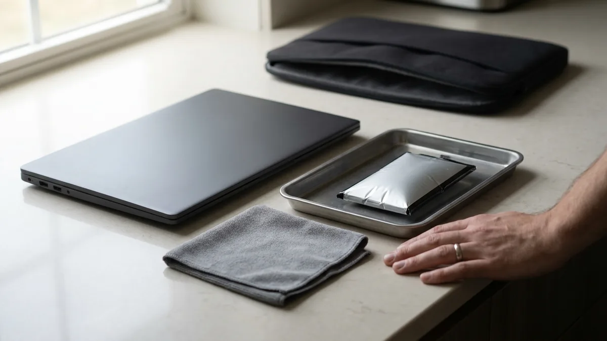 A closed slim laptop rests wiped clean on a pale stone counter beside a folded grey microfibre cloth, with the removed old battery pack lying in a plain steel tray next to it, its silver pouch cell visibly ballooned above the flat of the tray, and a padded sleeve waiting behind.