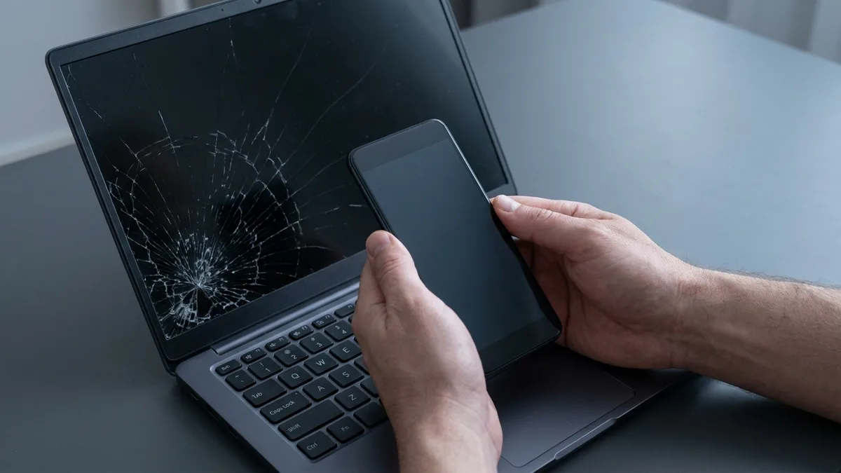 Photographing a laptop's cracked screen with a phone before moving the machine