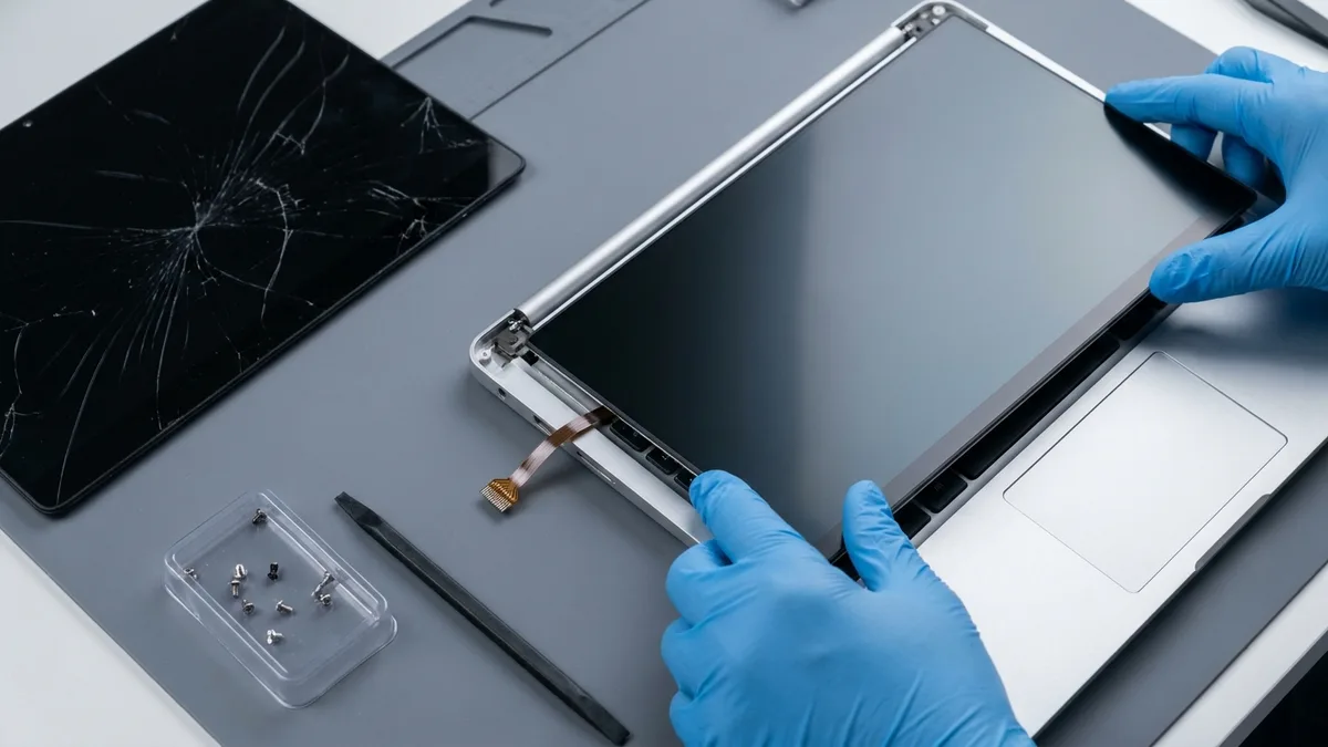 A technician fitting a new display panel with the cracked one set aside on the bench
