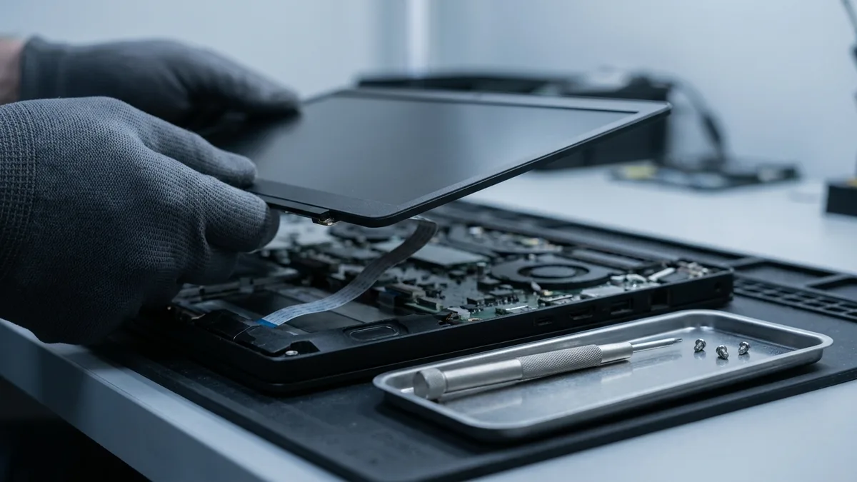 Gloved hands lifting a laptop display panel clear of its chassis with the ribbon cable still attached