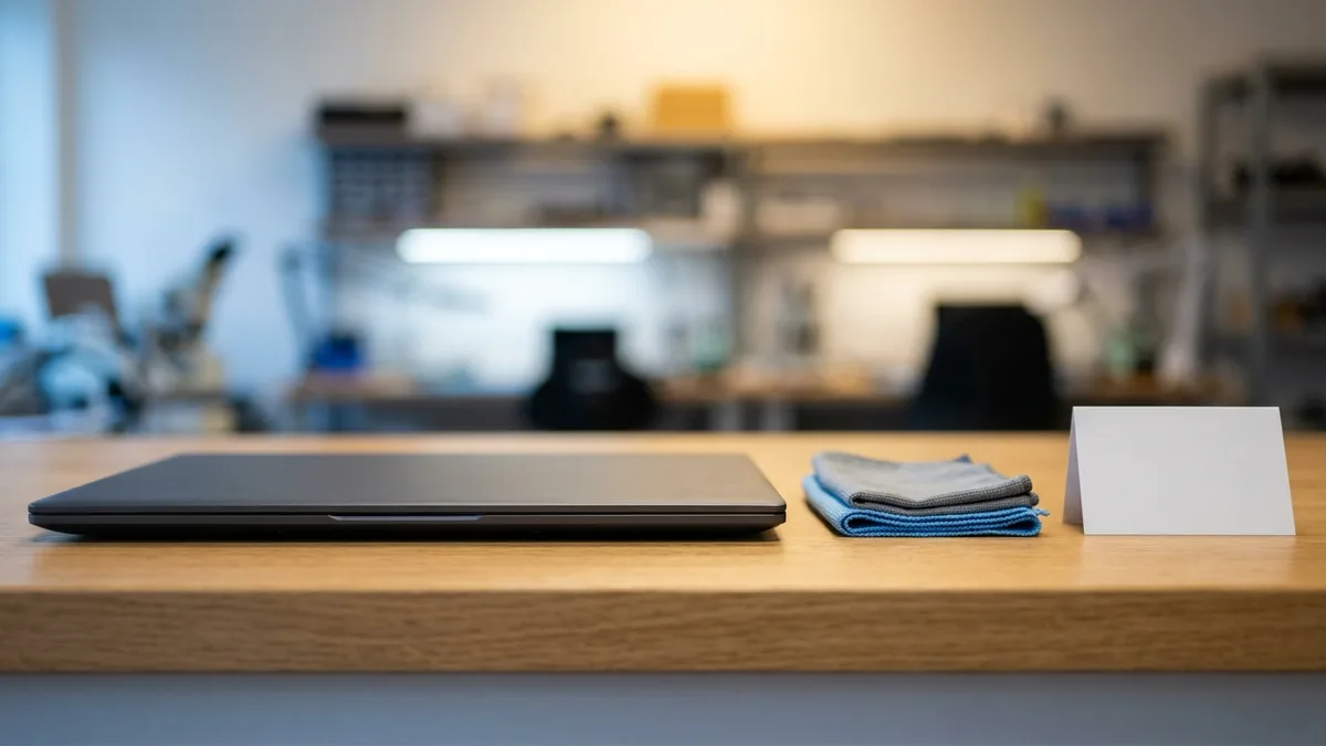 A closed unbranded laptop on a wooden service counter beside two folded microfibre cloths and a blank white card, with a repair workshop out of focus behind