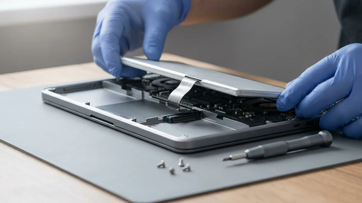 Blue-gloved hands lifting a laptop's inner panel and its flat ribbon cable clear of the opened chassis, the fans and mainboard exposed below, with loose screws and a screwdriver on the mat