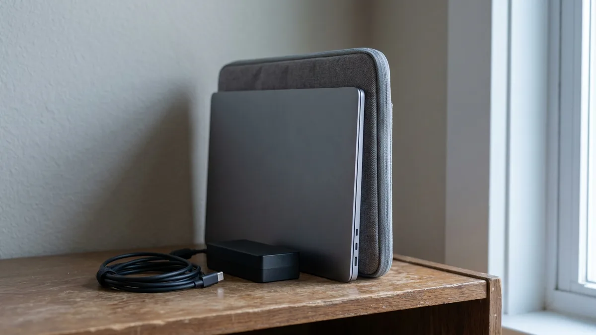 Closed laptop stored upright in a padded sleeve on a shelf with its charger cable coiled beside it
