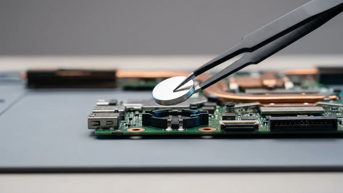 Fine tweezers holding a small silver coin cell above a green laptop mainboard, the round holder on the board directly below it