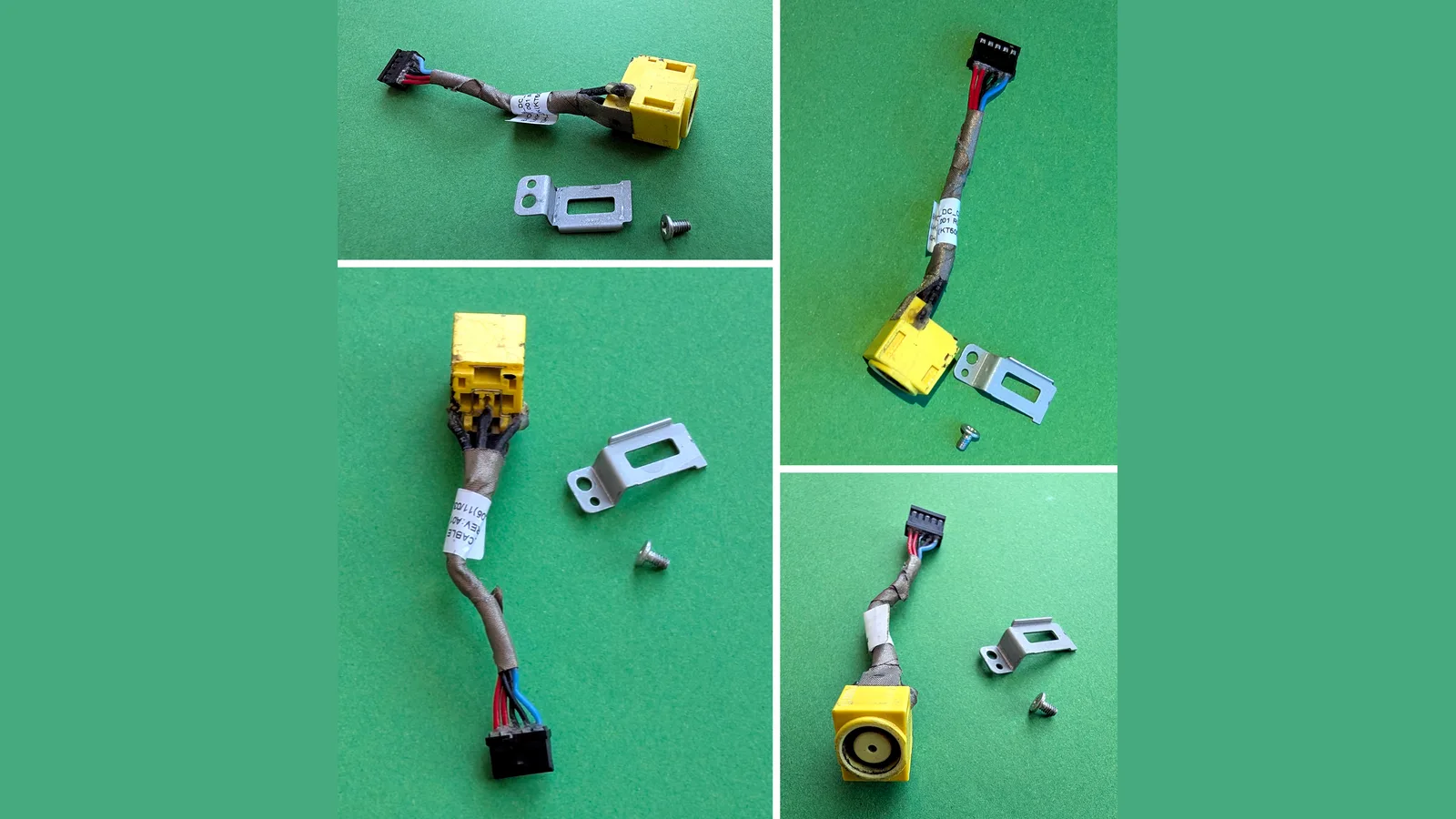 Empat pandangan pada latar hijau bagi kabel soket kuasa Lenovo: soket kuasa plastik kuning pada kabel pendek berpita dengan wayar merah, biru dan hitam berakhir pada penyambung hitam kecil, di sebelah pendakap logam dan satu skru. Pandangan bawah kanan menghadap terus ke dalam soket kuning, di mana pin tengah loyang kelihatan