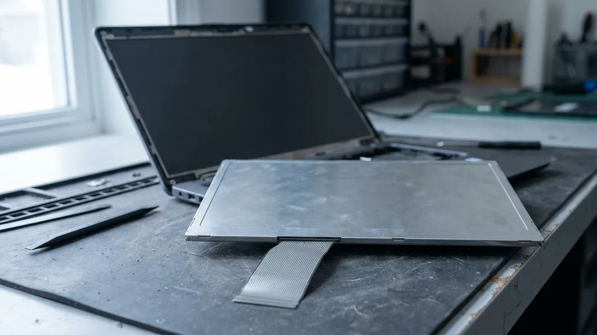 A bare replacement laptop display panel lies face-down on a scuffed dark bench, showing its plain metal rear and a wide flat ribbon cable folded out from one edge, in front of an opened laptop whose bezel is off and whose display well is empty and dark.