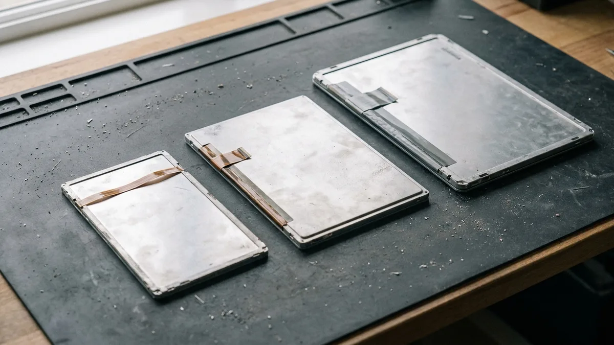 Three bare laptop display panels of clearly different sizes lie in a row on a dark bench mat, all face-down so only their plain metal rear chassis show, each with a flat ribbon cable of a different width folded along its edge.