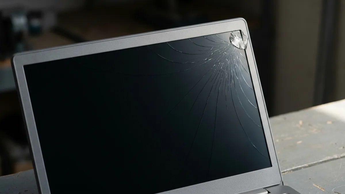A close-up of a laptop screen that is switched off and completely dark, with impact cracking radiating in fine lines from a single struck point near the top corner and a chipped flake lifted at that point.
