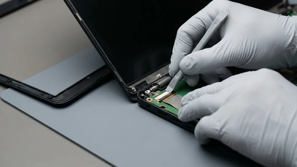 Gloved hands work at the hinge corner of an opened laptop lid: one guides the flat display flex cable into a small connector on the green board while the other holds a pry tool at the socket, with the removed bezel lying on the mat behind.