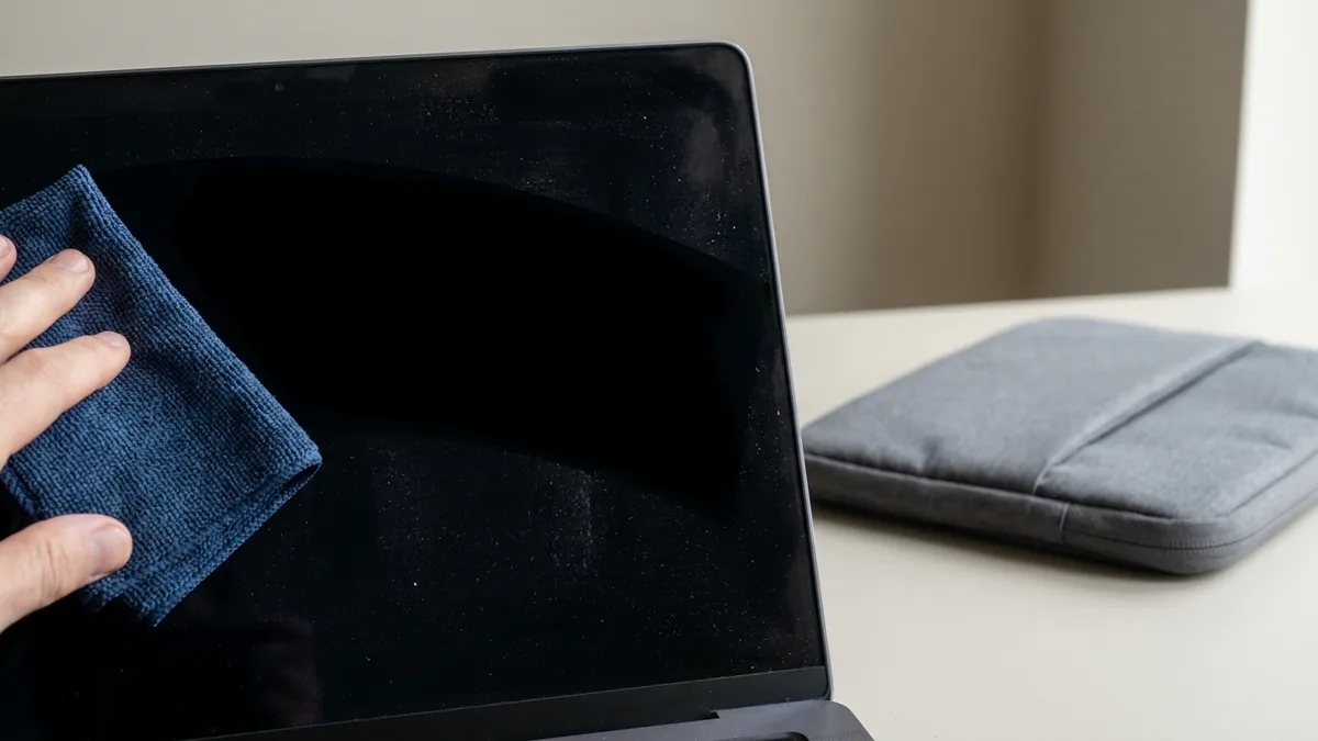 A hand draws a folded blue microfibre cloth across the dark switched-off screen of an open laptop, dust visible on the glass ahead of the cloth, with a padded grey sleeve lying on the desk beside the machine.