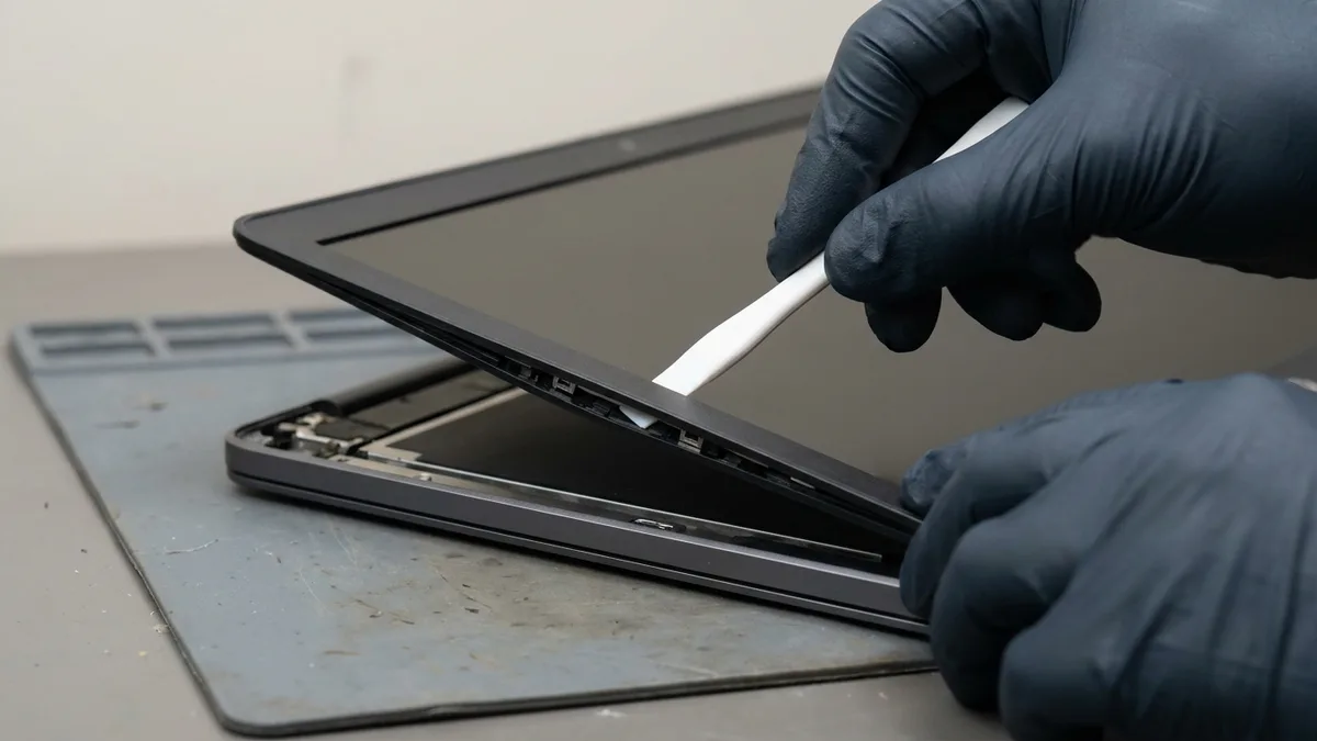 Dark-gloved hands spring the plastic bezel away from a laptop lid with a thin white pry tool, opening a gap along the seam and exposing the clips and the dark panel edge behind it.