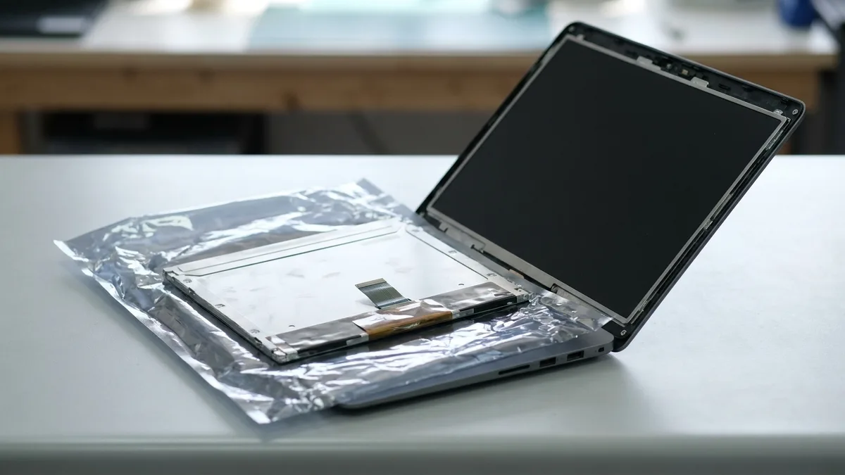 A bare replacement panel lies half out of a plain silver anti-static bag on a pale counter, face-down with its metal rear and ribbon cable showing, beside an opened laptop lid whose bezel is off and whose panel is dark.