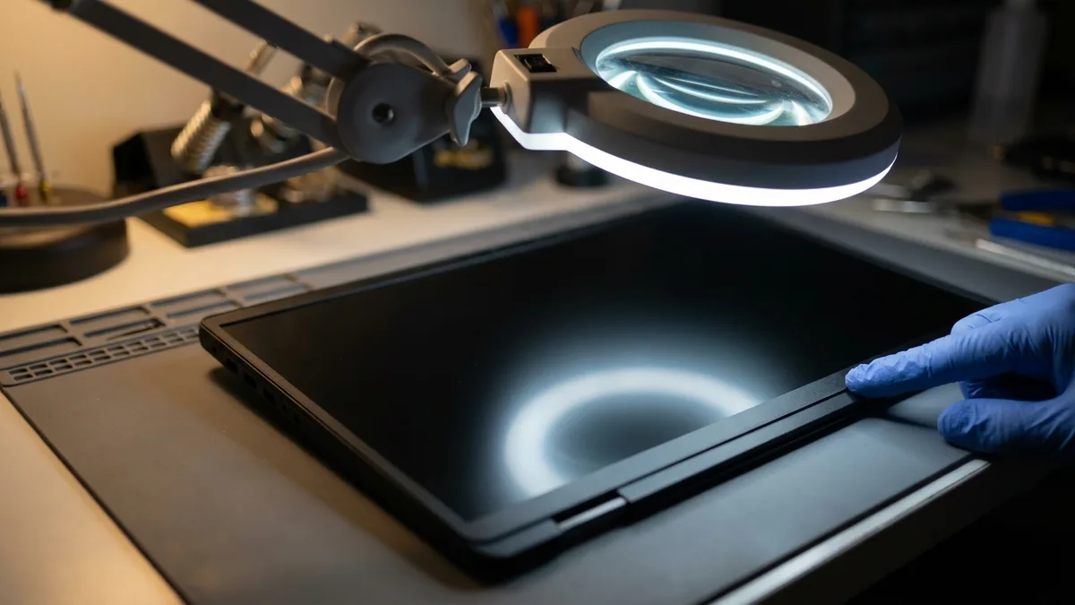 A newly fitted laptop screen lies dark under the ring light of a bench magnifier, the light reflecting as one bright circle on the black glass, while a blue-gloved fingertip rests at the bezel edge.